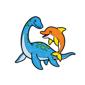 Plesiosaurus and Dolphin Playing Together in the Sea